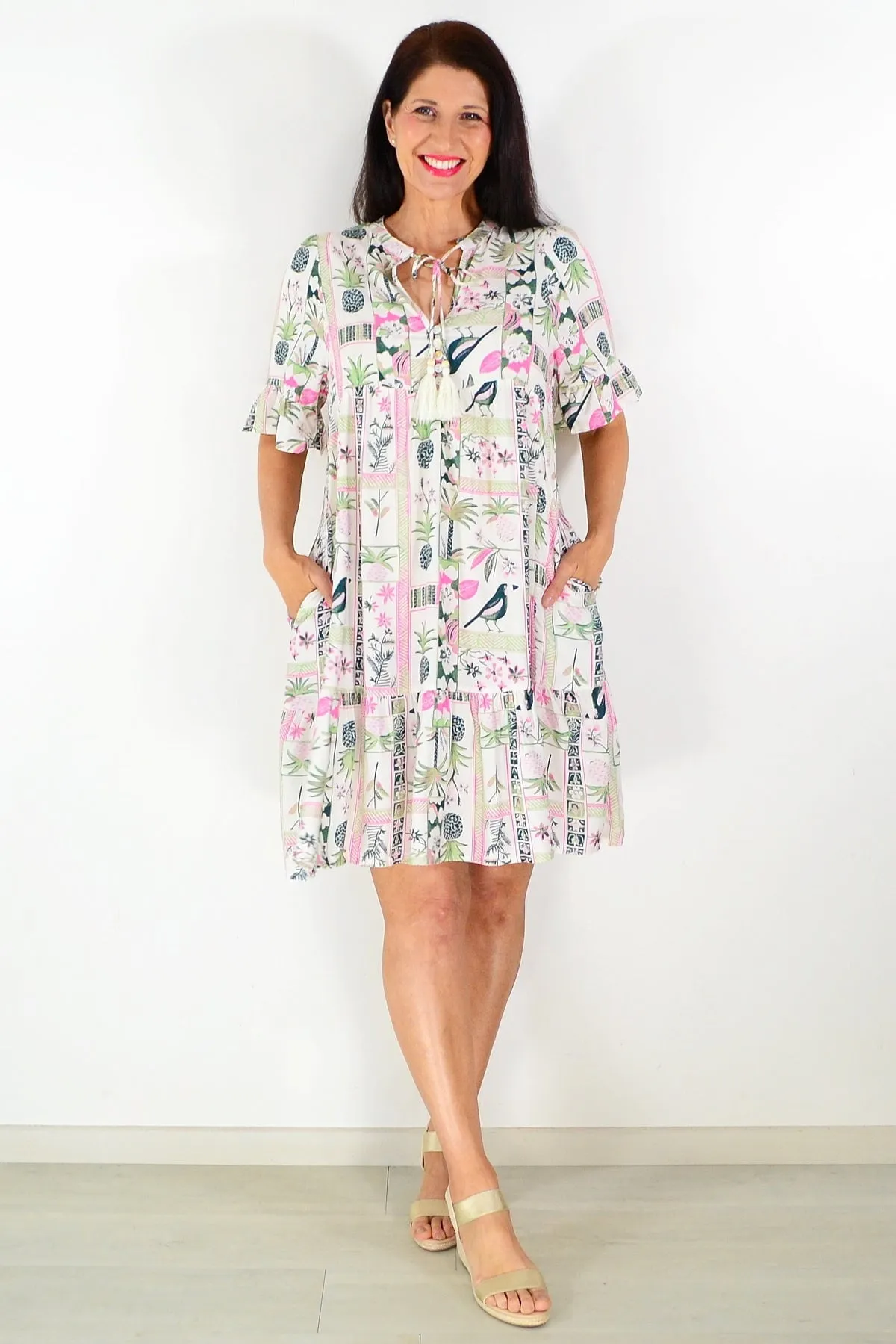 White Tropical Green Tunic Dress