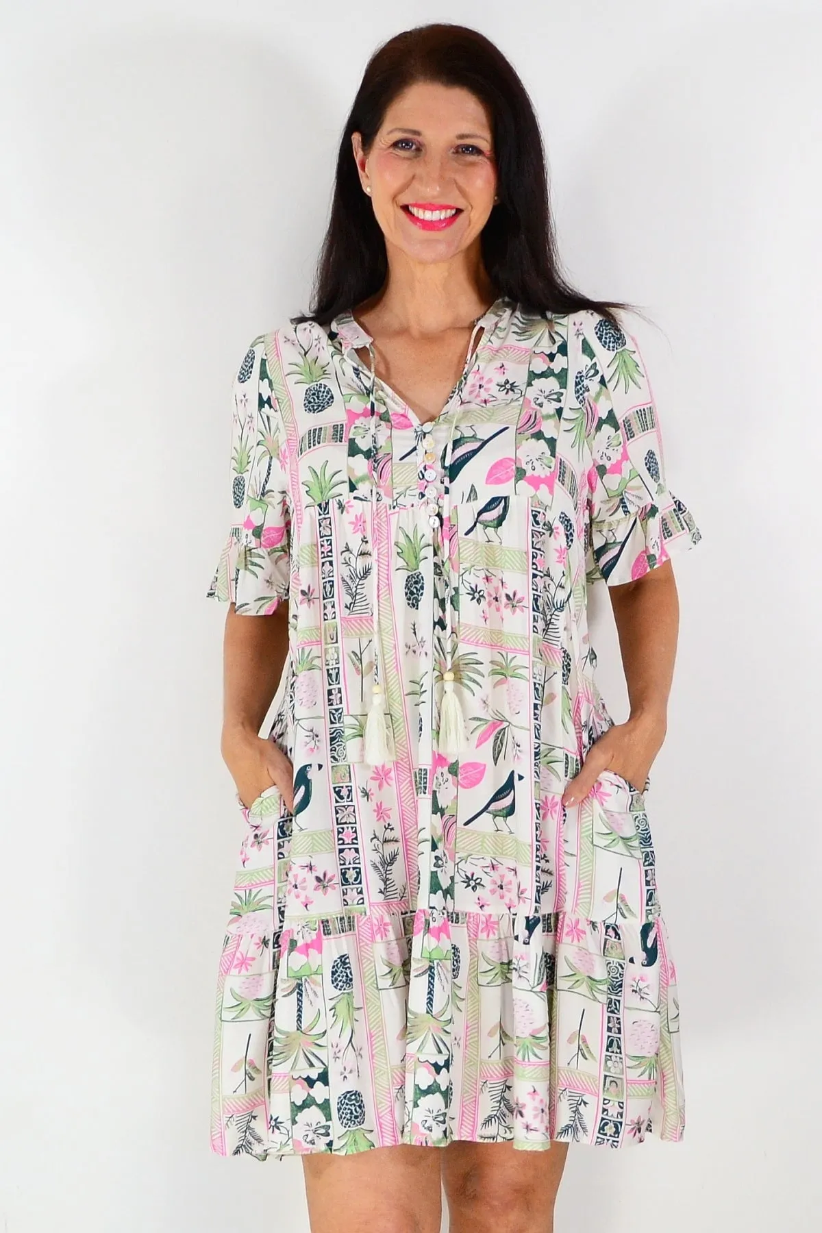 White Tropical Green Tunic Dress