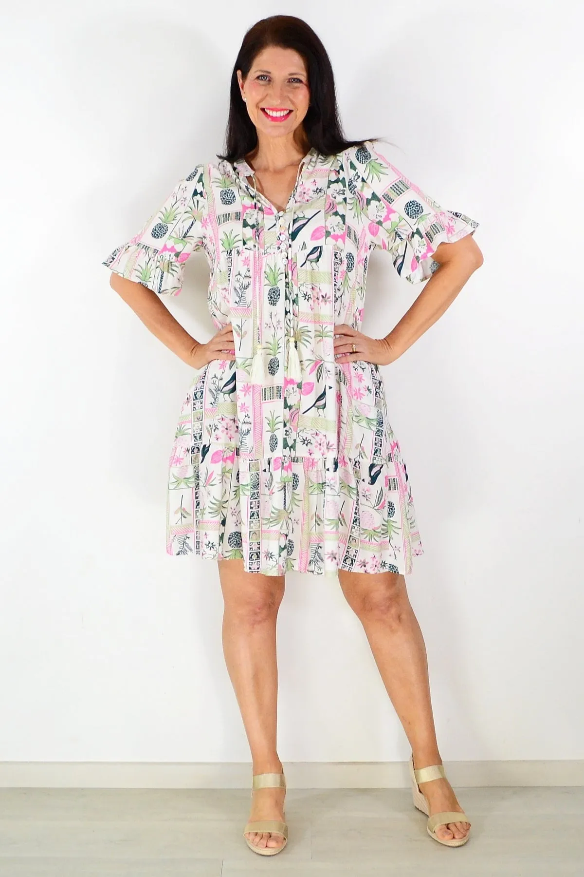 White Tropical Green Tunic Dress