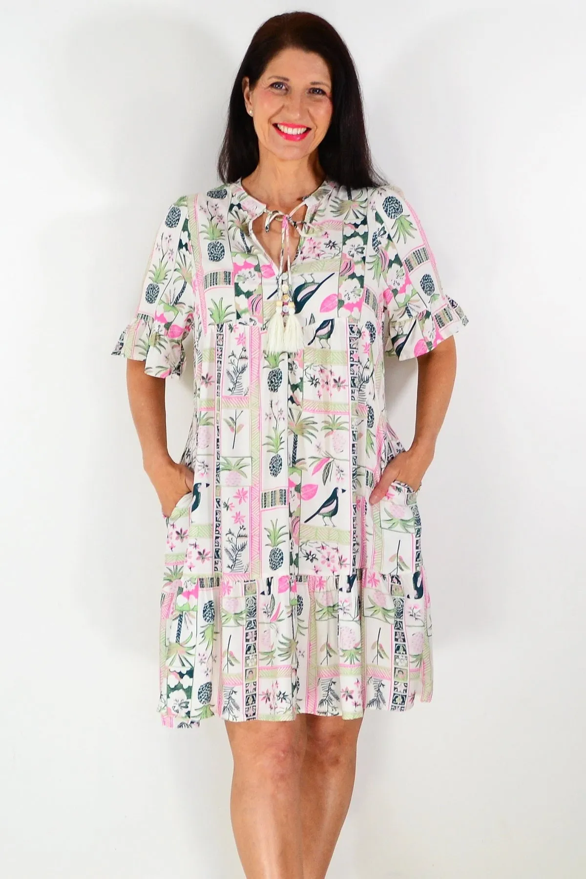 White Tropical Green Tunic Dress