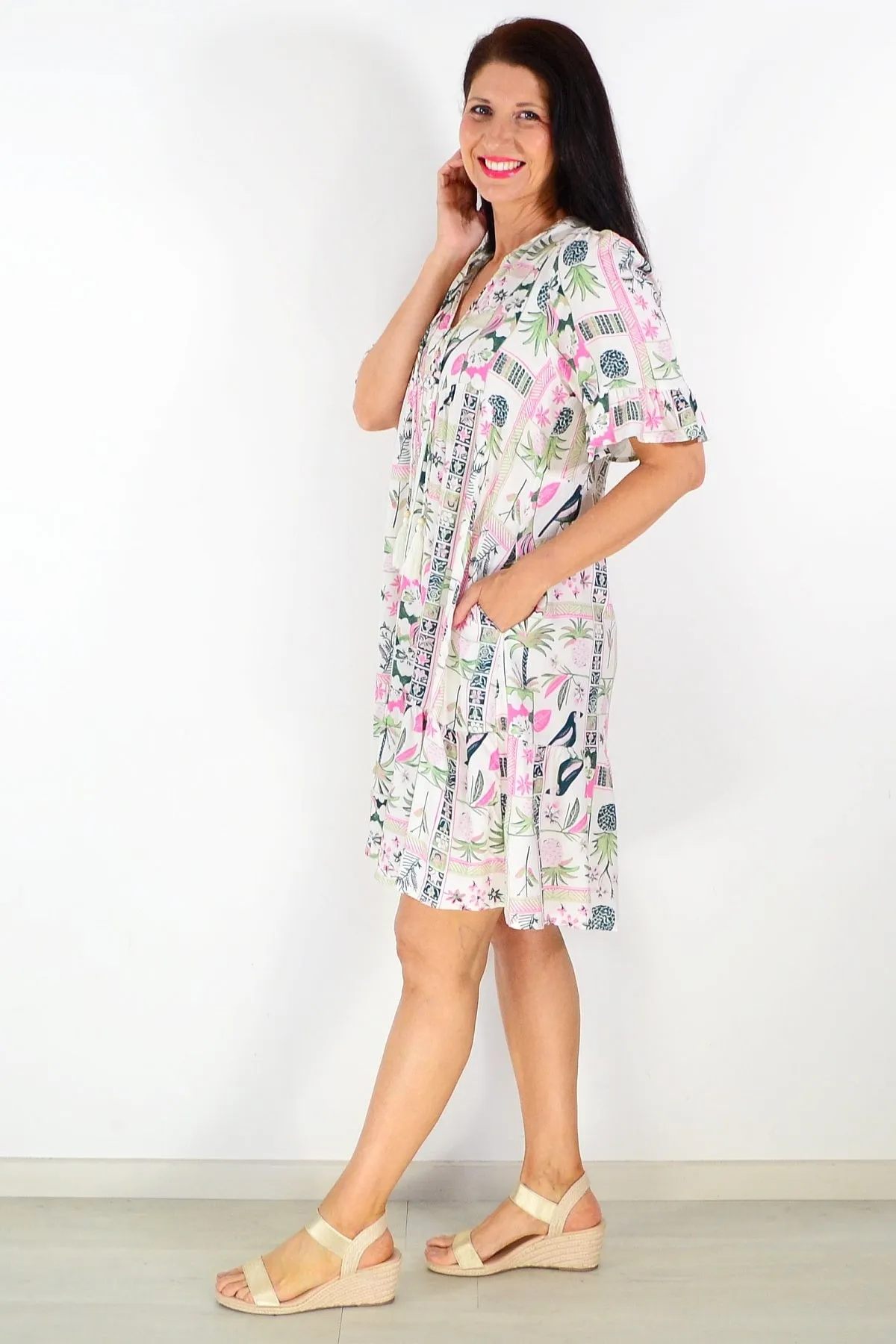 White Tropical Green Tunic Dress