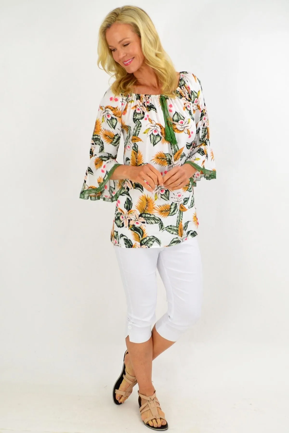White Tropical Tassel Off shoulder Tunic Top