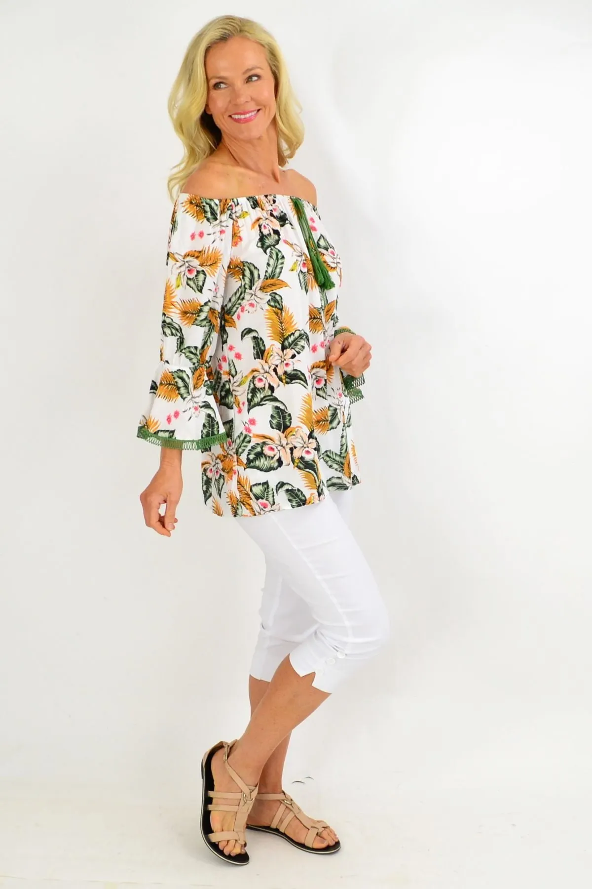 White Tropical Tassel Off shoulder Tunic Top