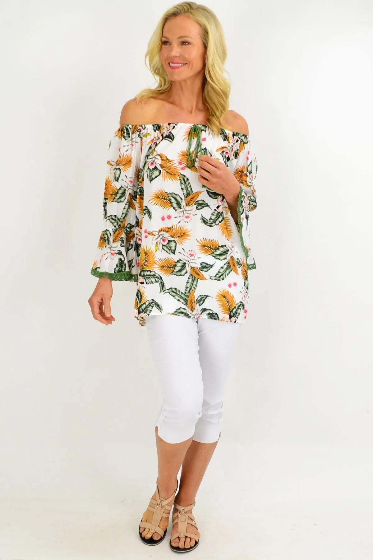 White Tropical Tassel Off shoulder Tunic Top