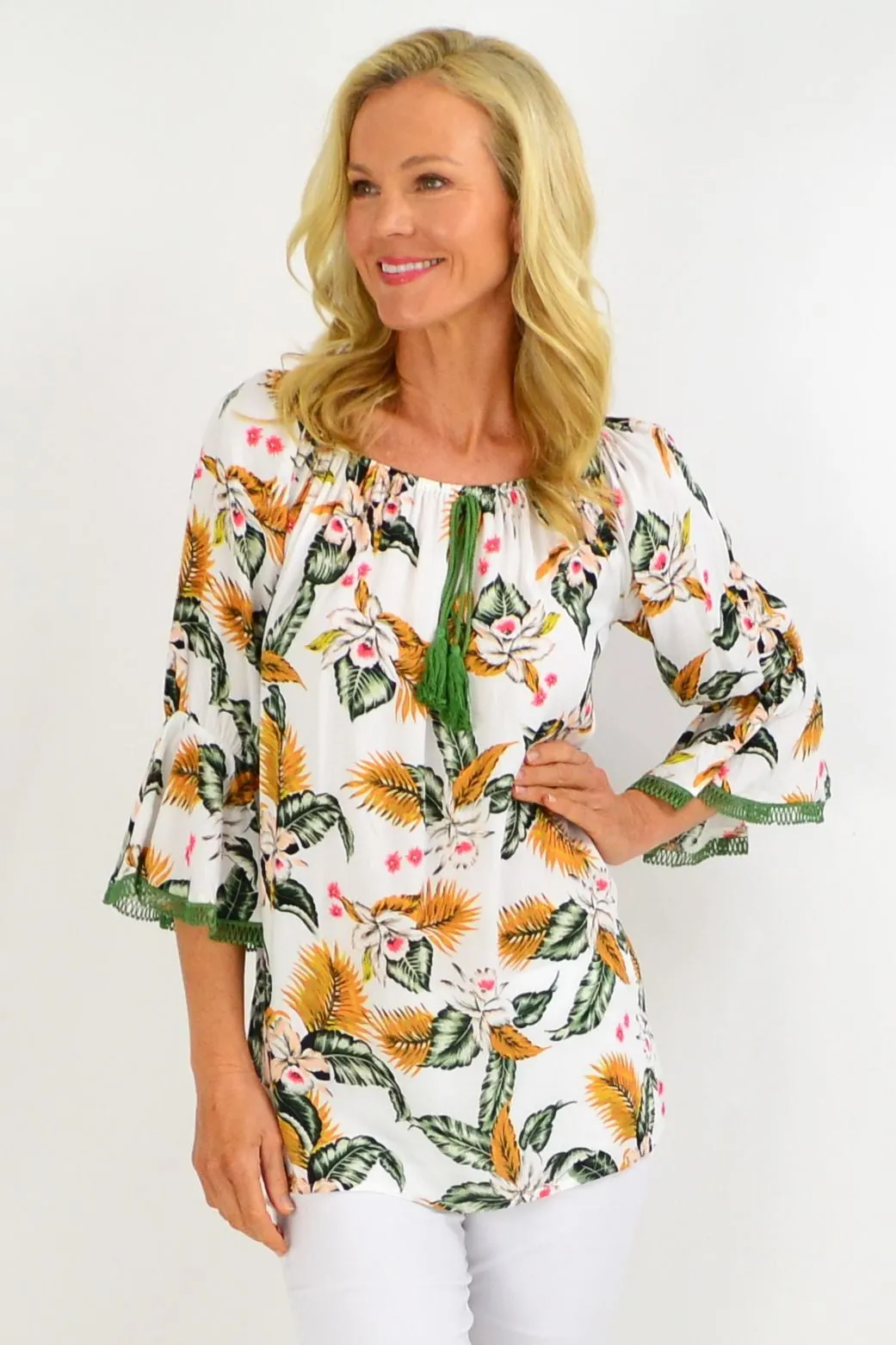 White Tropical Tassel Off shoulder Tunic Top