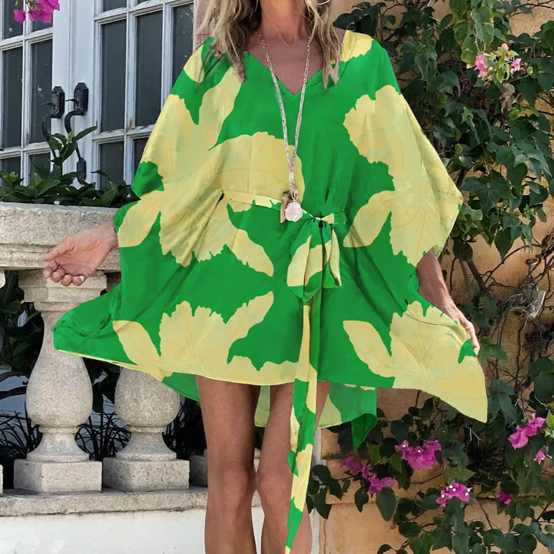 Womens Oversized Ruffle Printing Short Sleeve Tunic Chiffon Dress