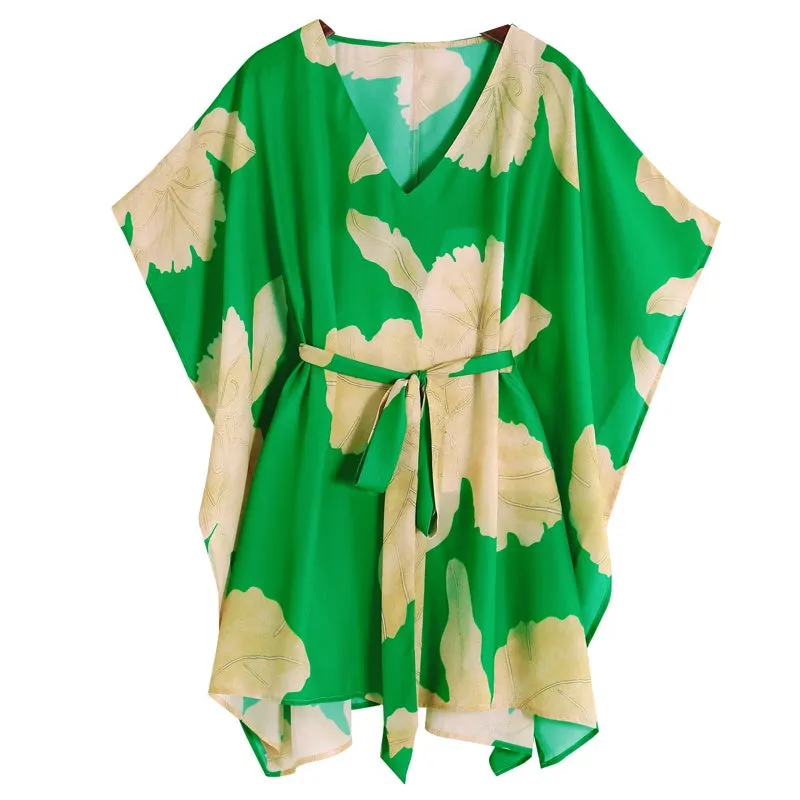 Womens Oversized Ruffle Printing Short Sleeve Tunic Chiffon Dress